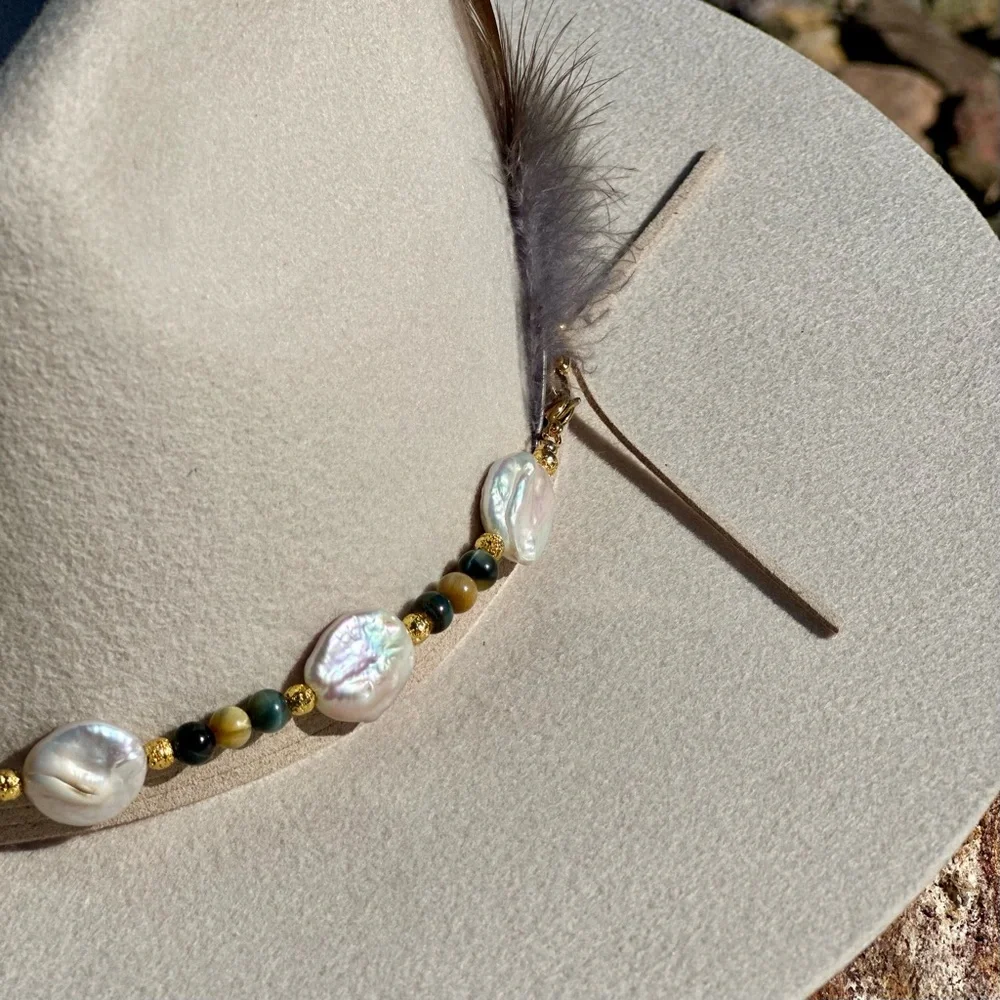 Freshwater Pearl and Tigers Eye Hat Band - Picture 2 of 10